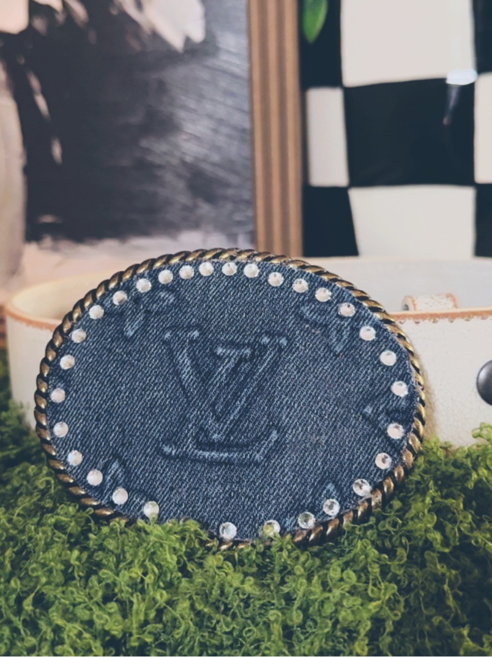 Reimagined Denim Logo Belt Buckle with Rhinestones